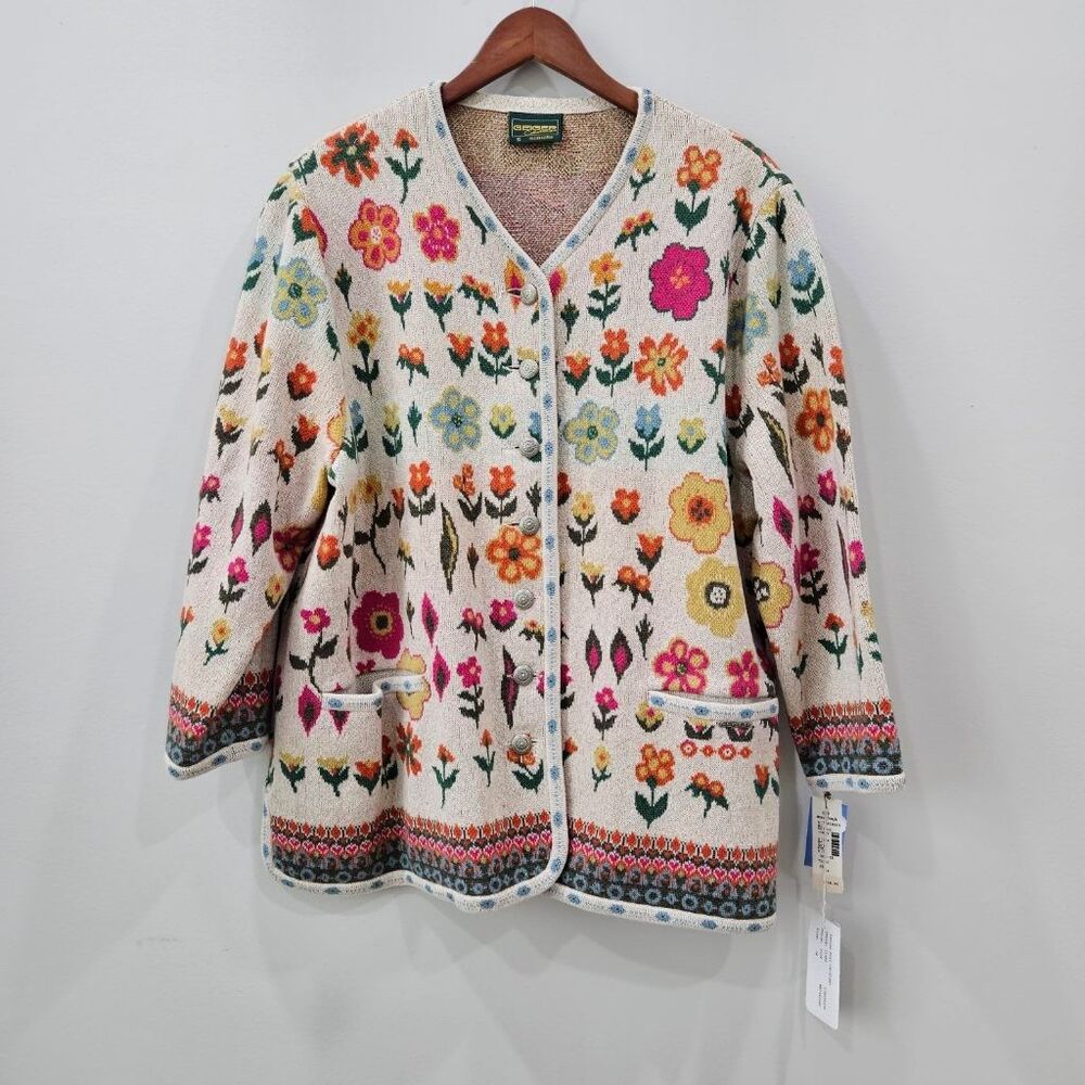 Geiger Collections Austria Floral Wool Cardigan Sweater Jacket Boiled Wool Sz 50